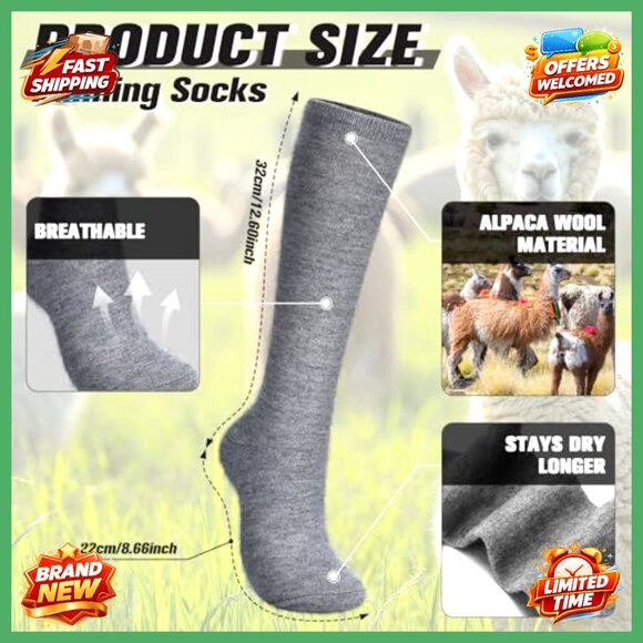2 Pairs Alpaca Wool Socks, Thermal Winter Hiking Boot Socks, Moisture Wicking - Picture 3 of 7
